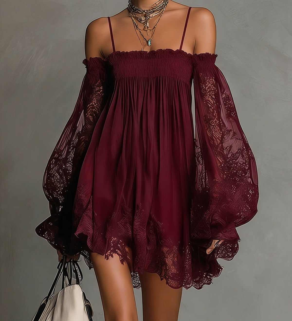 Nea - Mini Dress with Bare Shoulders and Lace
