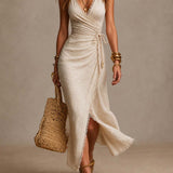 Ainomaria | Natural Linen Midi Dress with Crossed Neckline and Lace