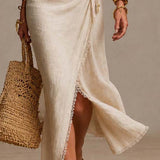 Ainomaria | Natural Linen Midi Dress with Crossed Neckline and Lace