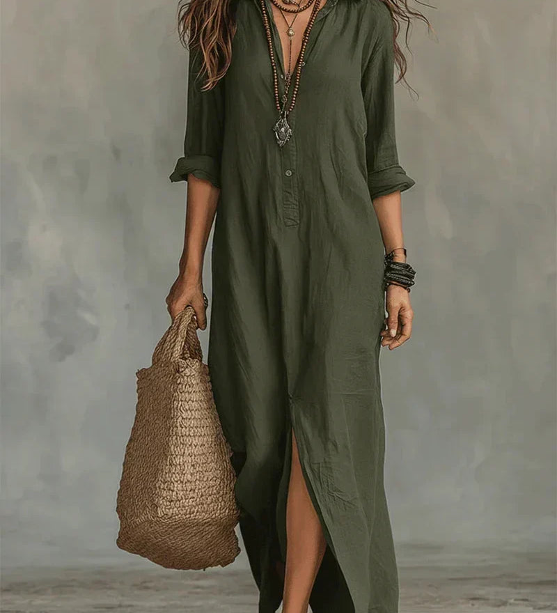 Anni – Loose Black Maxi Dress with Buttons