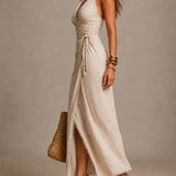 Ainomaria | Natural Linen Midi Dress with Crossed Neckline and Lace