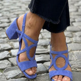 Square-toed sandals with round cut-out patterns