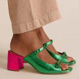 Thick-heeled open-toe sandals with colorful straps