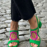 Square-toed sandals with round cut-out patterns