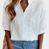 lace-collared knitted sweater with lace detailing and puff sleeves
