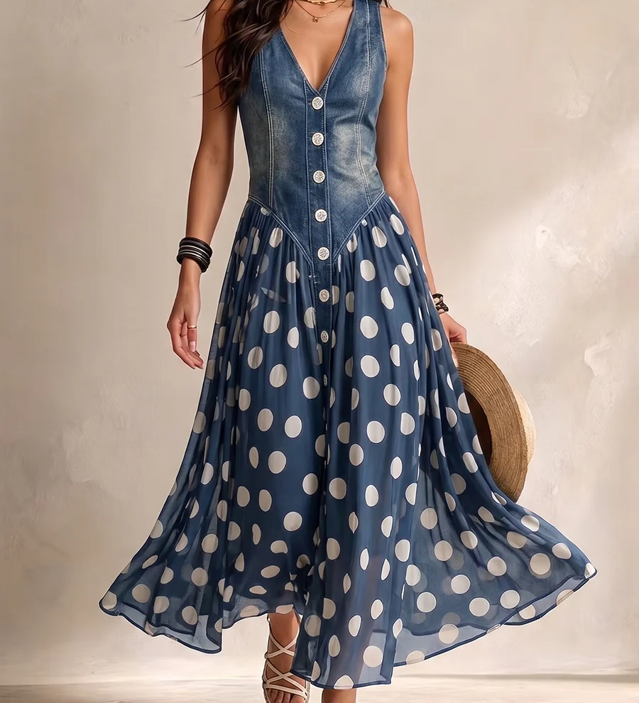Aino™ | Stylish Denim Dress with Polka Dot Chiffon Skirt