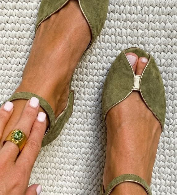 Stylish Suede Open-Toe Ballet Flats with Metallic Trim
