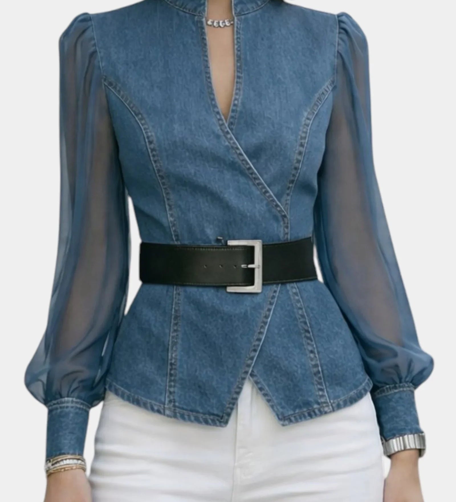 Alizée | Denim Top with Light Chiffon Sleeves