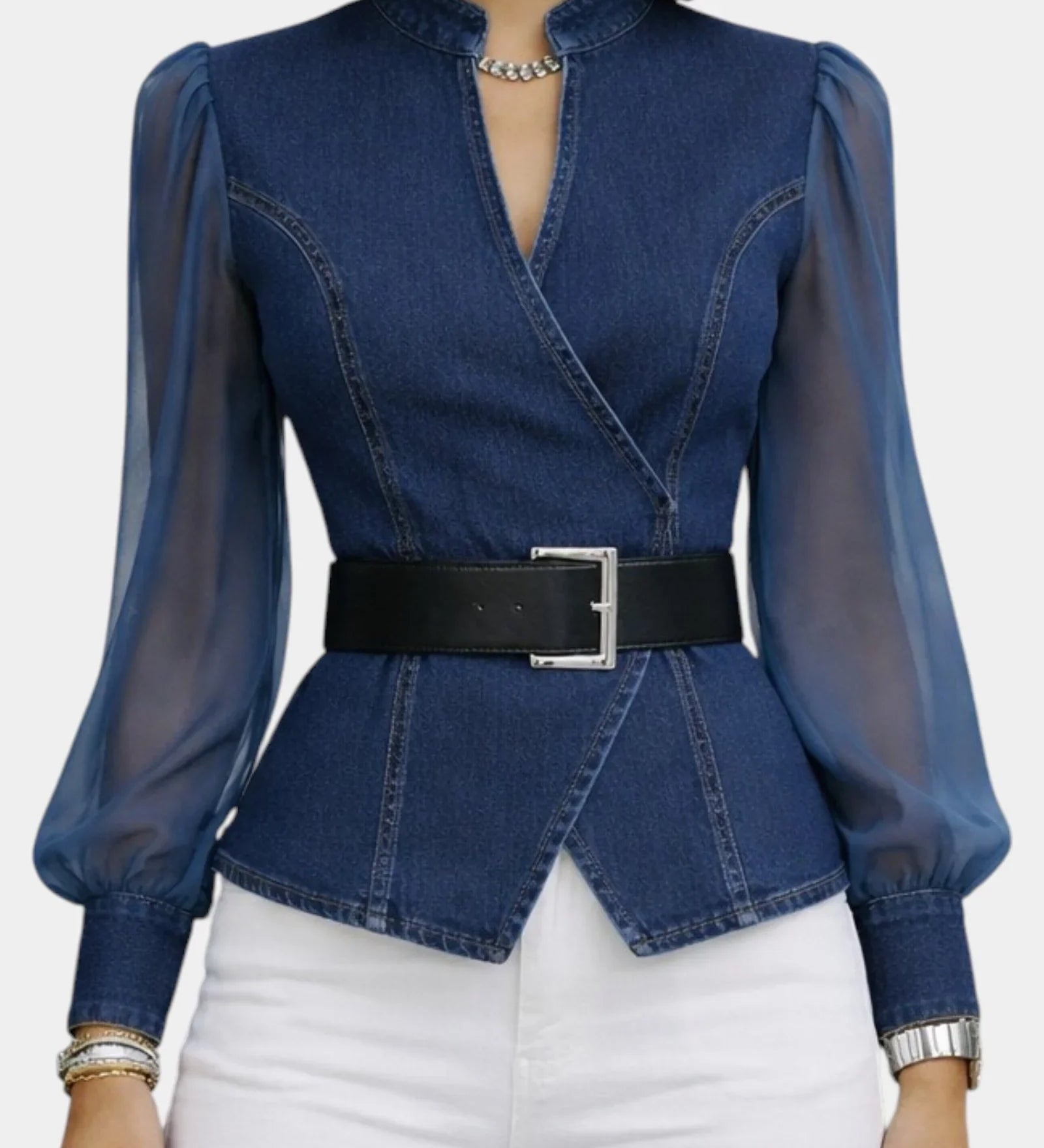 Alizée | Denim Top with Light Chiffon Sleeves