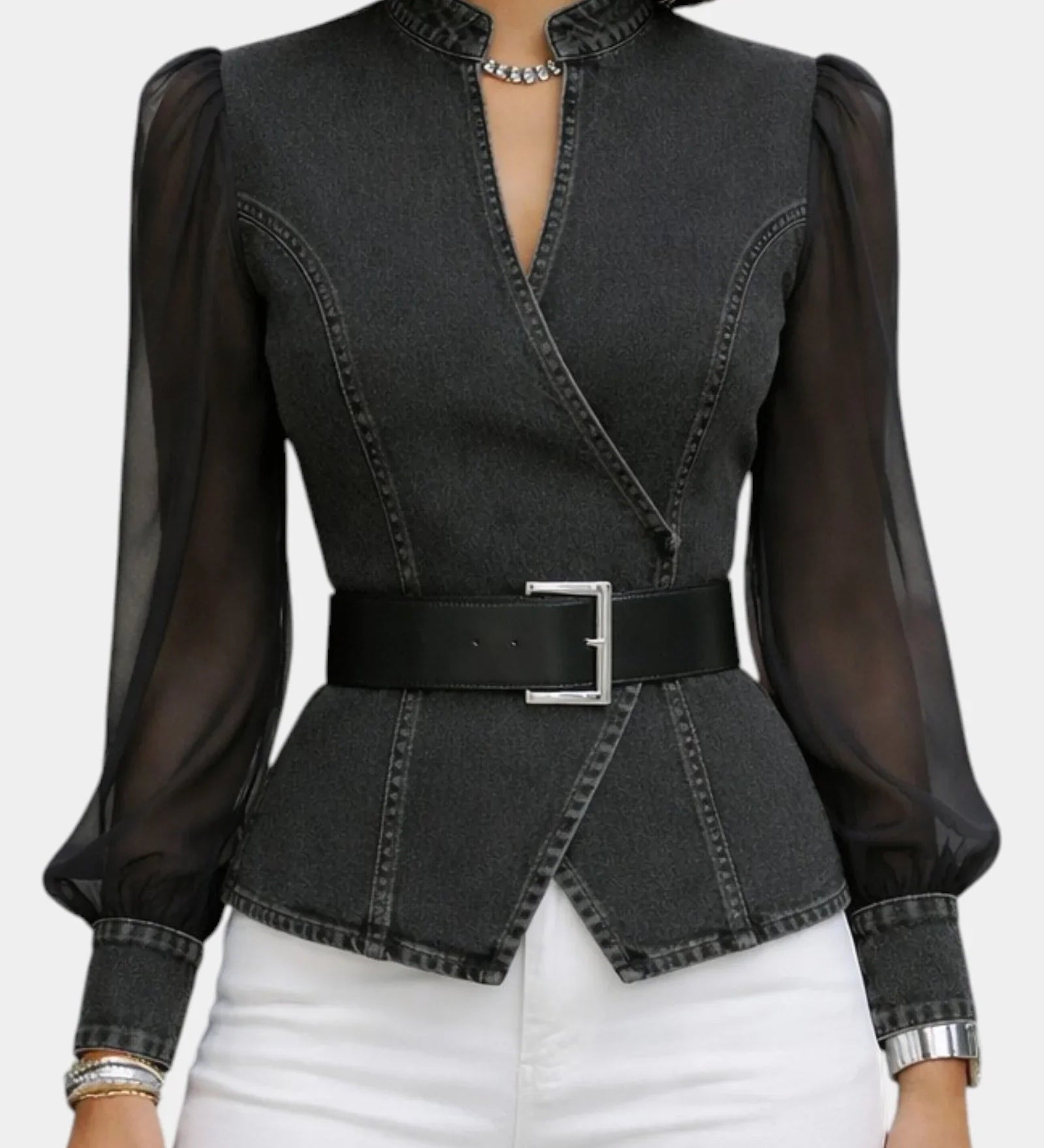 Alizée | Denim Top with Light Chiffon Sleeves