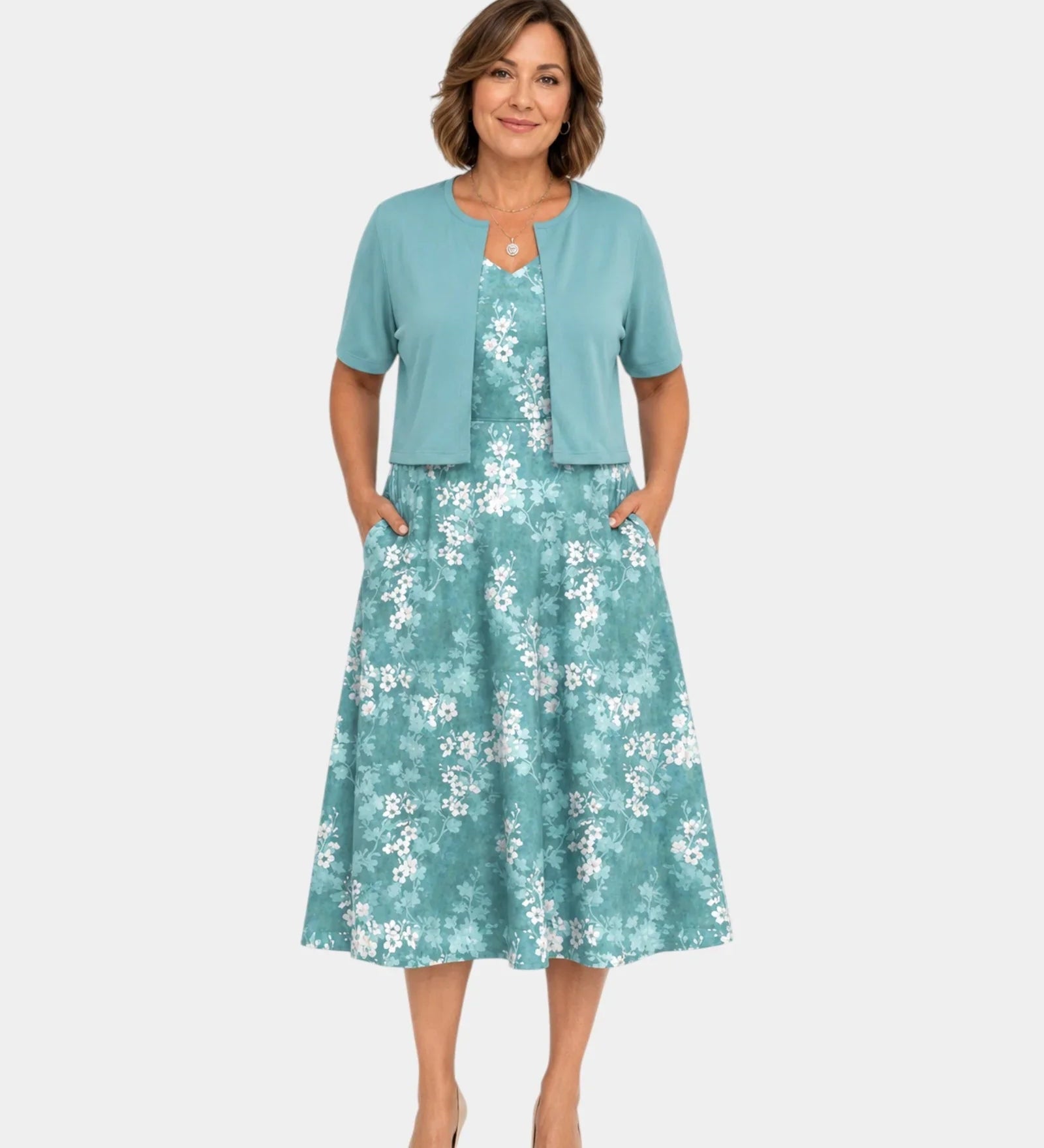 Guilaine | Floral Dress and Lightweight Cardigan Set