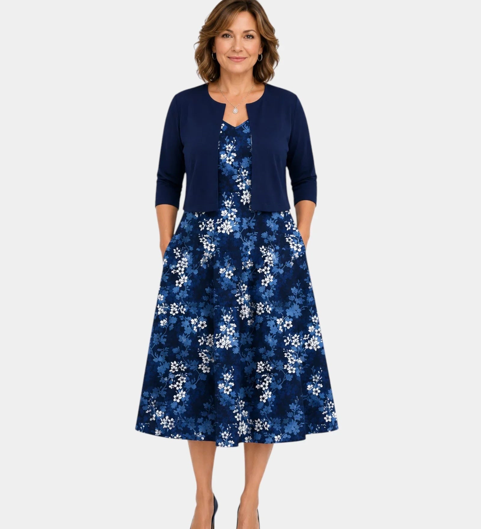 Guilaine | Floral Dress and Lightweight Cardigan Set