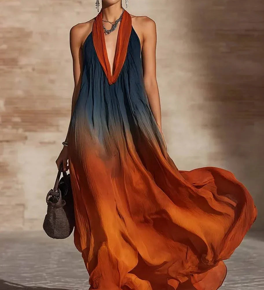 Helmi – Long Halter Neck/V-Neck Gradient Dress