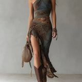 Iida - Long Asymmetrical Dress with Pattern