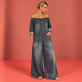 Elena™ | Off-Shoulder Long-Sleeve Denim-Look Jumpsuit