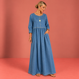 Melissa™ | Long Denim-Look Dress with Round Neck and Long Sleeves