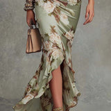 Ritva - Long Satin Dress with Floral Pattern