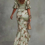 Ritva - Long Satin Dress with Floral Pattern