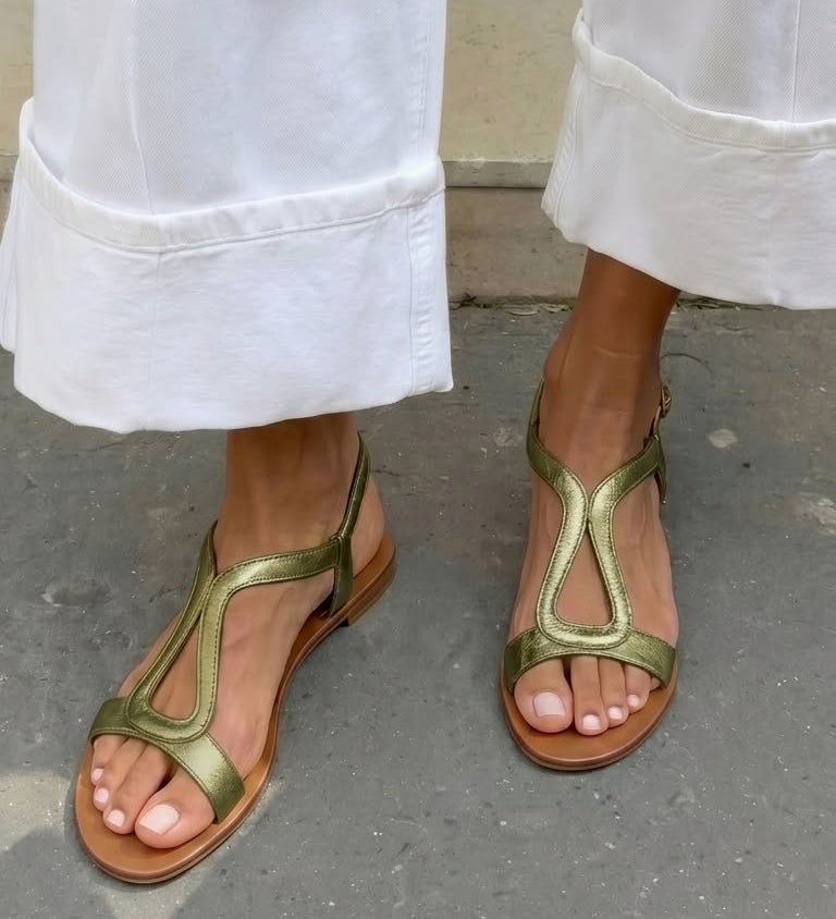 Golden Flat Sandals with Back Strap and Cut-Out Design