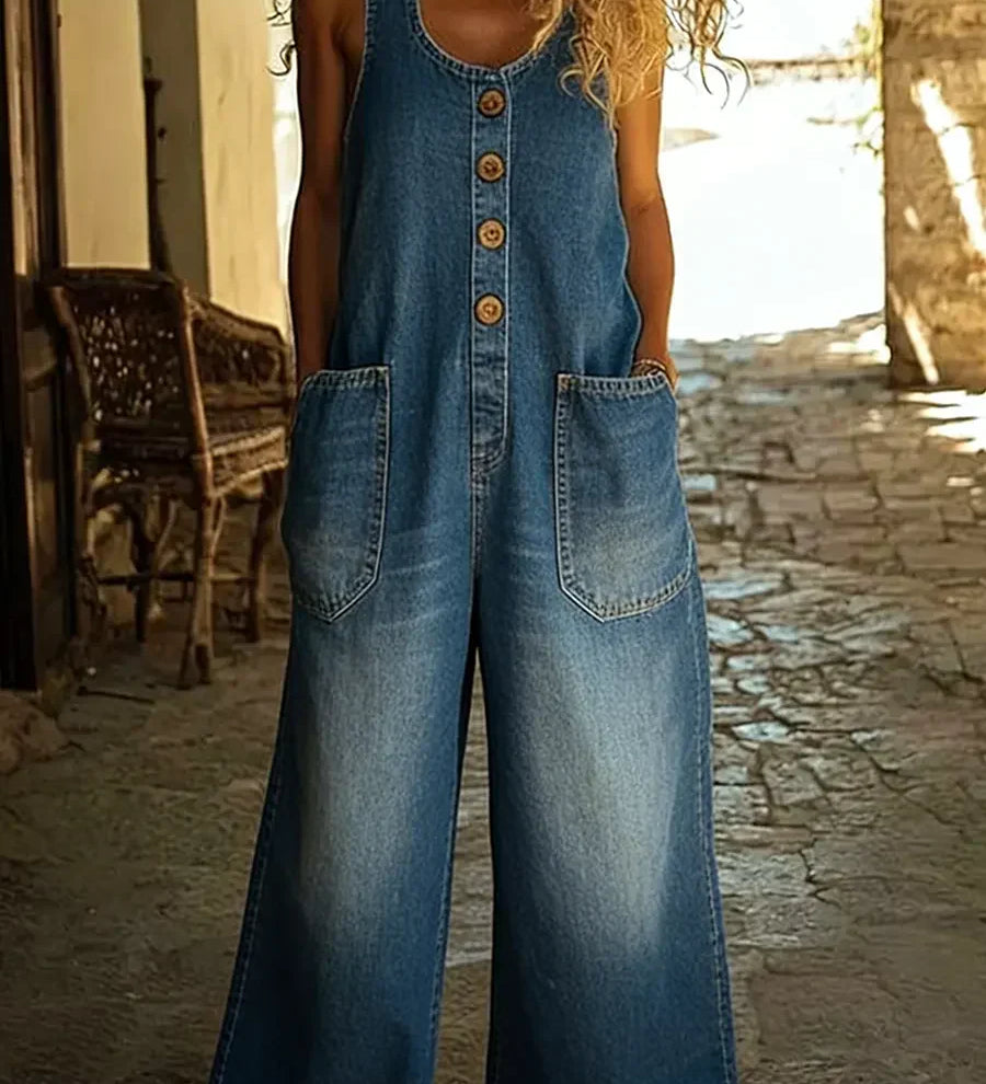 Women's Sleeveless Washed Cotton Denim Jumpsuit