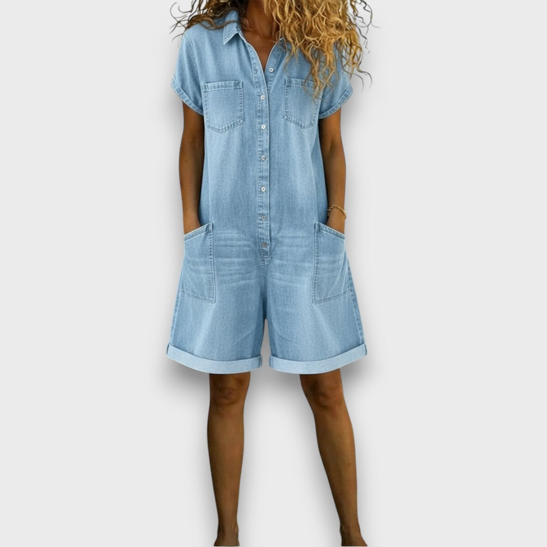 Tiina - Vintage Cotton Jumpsuit with Denim Pattern